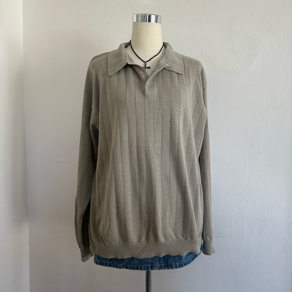 Vintage Knit Henley Polo Top Size XL Tan Grandpacore 90s Preppy Grunge Pullover - Picture 3 of 5